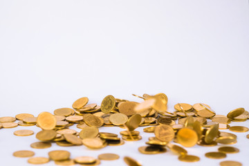 Movement of falling gold coin, flying coin, rain money with soft shadow on white background, business and financial wealth and take profit concept.
