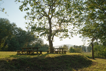 Sunny landscape near the river Minya (Minha), nothern Portugal. Picnic area in the park.