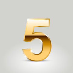 Golden vector number 5 isolated on white background