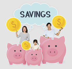 Happy family with savings in piggy banks