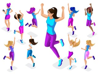 6777011 Isometric of a big girl athlete against a background of small, fitness jumping, running around, front and back view, colorful clothes and sneakers playing