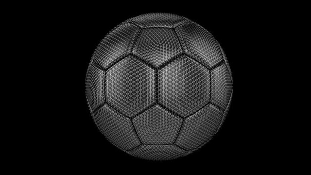Rotating black soccer ball covered with net. Loop ready animation of soccer ball with black and white mask.