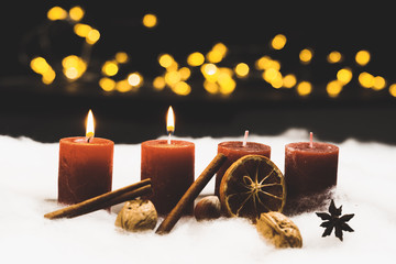 Christmas eve or night still life with bokeh lights