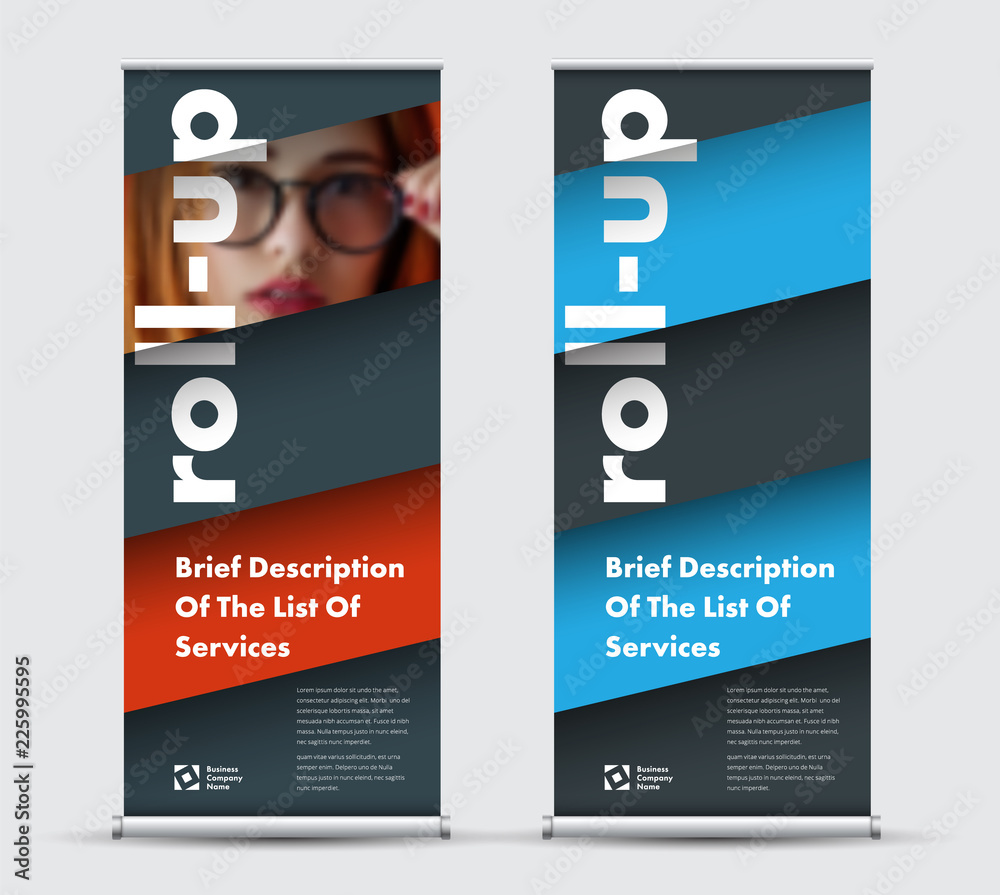 Poster Templates roll-up banners with diagonal elements for photo and text hover over each other.