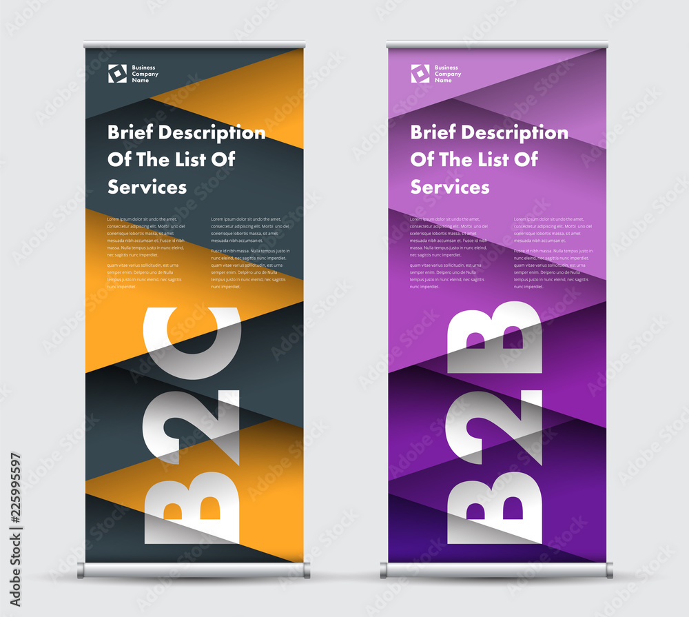 Poster Vector roll-up banner templates with intersecting elements in triangles hovering above each other.