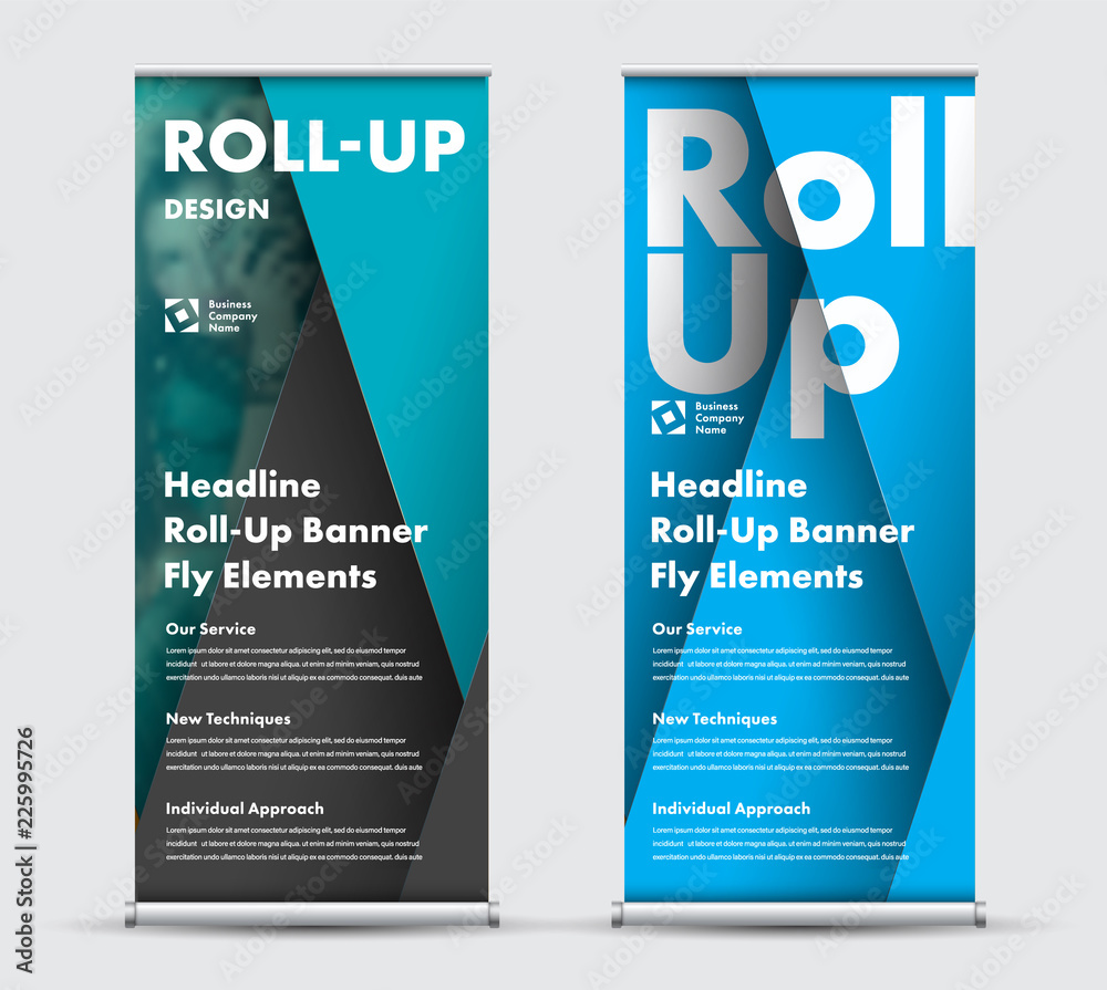 Poster Modern design vector roll-up banner with intersecting soaring sheets and space for photos.