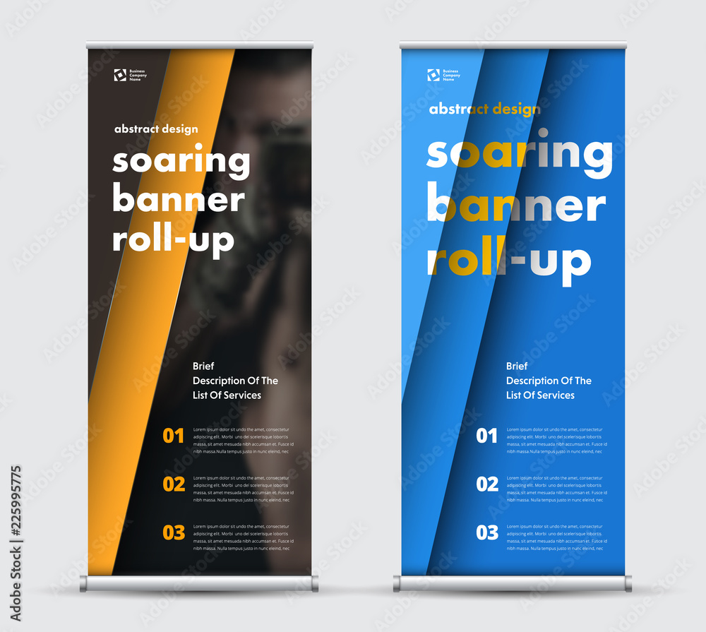 Poster set of vector roll-up banners in black, blue and yellow with geometric diagonal elements.