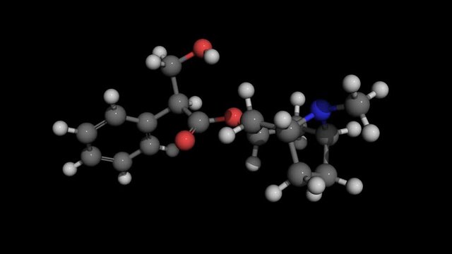 atropine molecule model rotating. Atropine is an alkaloid.  Eye drops of atropine are used to treat uveitis and early amblyopia. It is also used as medication to treat some types of slow heart rate