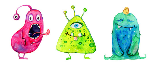 Cartoon little monsters. Hand drawn watercolor illustration set © Alexandra