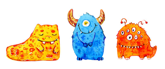 Cartoon little monsters. Set of hand drawn watercolor illustration © Alexandra