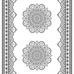 Set of Mehndi flower pattern and seamless border for Henna drawing and tattoo. Decoration in oriental, Indian style.