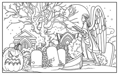 Line drawing for coloring cemetery with tombs, Halloween pumpkin, graves and a statue of an angel with a book on a white background