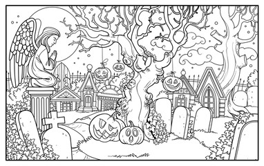 Halloween background cemetery and crypts with statue of an angel in prayer outlined for coloring page