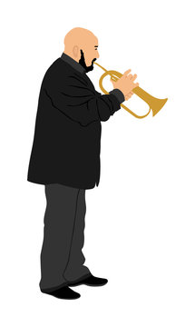 Man with trumpet on stage vector isolated on white background. Music men. Jazz man. Bugler man street performer.