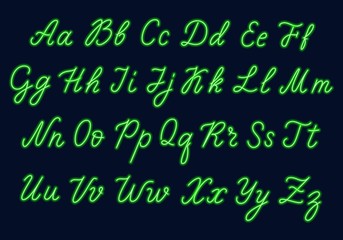 Green neon script. Uppercase and lowercase letters.