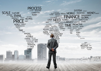 Motivation and inspiration concept with modern cityscape and businessman observing it