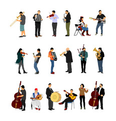 Big set of musician player with music instrument. Guitar player, contrabass, violin, accordion, flutist, saxophone, bagpiper, clarinet, double bass, trumpet, bugler, drummer, cello, cellist artist