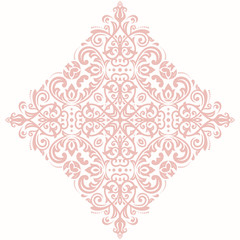 Elegant pink square ornament in classic style. Abstract traditional pattern with oriental elements. Classic vintage pattern
