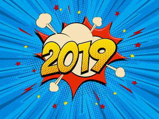 Happy new year 2019 pop art comic festive poster or greetings card with lightning blast and halftone dots.