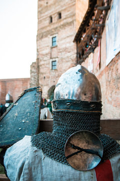 Medieval knight in armor. Head. Helmet.