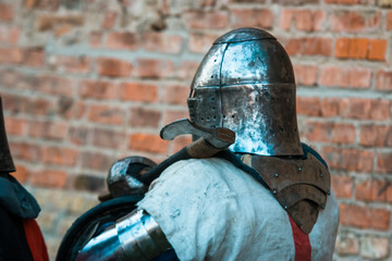 Medieval knight in armor. Head. Helmet.