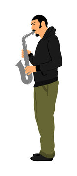 recommend clip art: Saxophone player vector illustration. Music man play wind instrument. Music artist. Jazz man. Bugler street performer. Musician play trumpet. Entertainment for public. Classic music event.