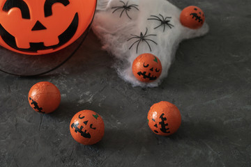 Halloween concept - Trick o treat bag close up in shape pumpkin, Jack-o'-lantern.