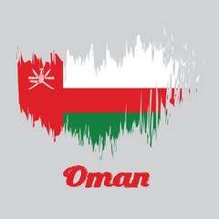 Brush style color flag of Oman, white red and green; with a vertical red stripe, charged with the National emblem of Oman with text Oman.