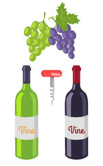 Obraz premium Wine Bottles and Grapes Set Vector Illustration