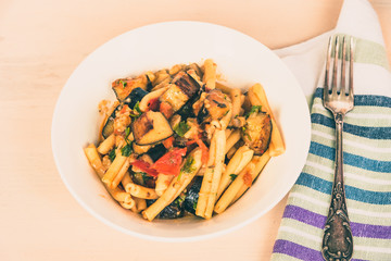 Italian food - pasta alla norma, traditional Sicilian pasta with eggplants and tomato sauce