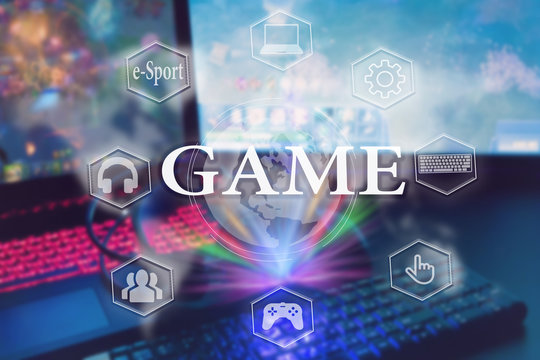 gamer workspace concept, game mechanism, mouse, keyboard headset, webcam, VR headset. Devices for cyber sport, e-sport on a black background table with digital symbols and text game.