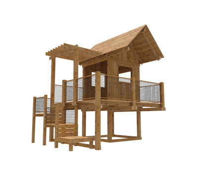 Render of wooden kids playground. Isolated on white background.