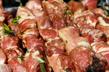 Raw shish kebab on skewers ready for cooking on grill