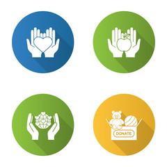 Charity flat design long shadow glyph icons set