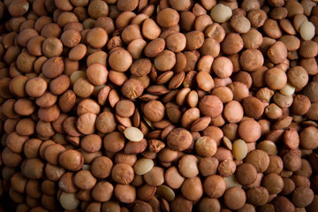 Lentil in a wooden bowl on a wooden background near the ears of wheat. wooden spoon with Lentil