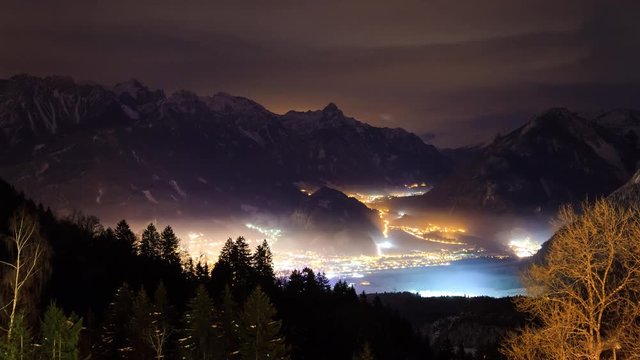 Beautiful 4k UHD timelapse video of the village Brand in the valley of the Brandnertal in the mountains of the Alps in Vorarlberg, Austria, at night with lights