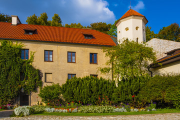 Pieskowa Skala, Poland - Inner courtyard and gardens of historic castle Pieskowa Skala by the...