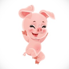 Happy little cute cartoon baby pig isolated on a white background