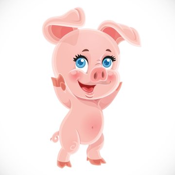 Happy little cute cartoon baby pig stand on a white background