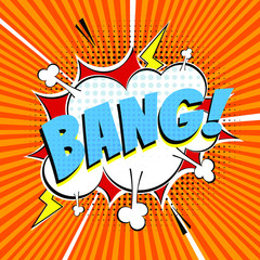 Comic lettering speech bubble for emotion with text BANG! comic style flat design. Dynamic retro pop art illustration isolated on orange rays background. Exclamation BANG!