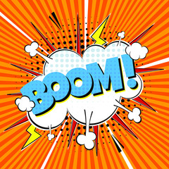 Comic lettering speech bubble for emotion with text BOOM! comic style flat design. Dynamic pop art illustration isolated on orange rays background.