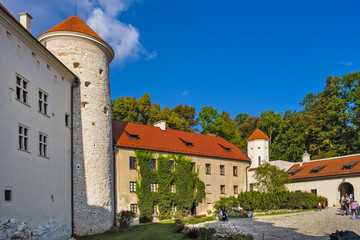 Pieskowa Skala, Poland - Inner courtyard and gothic tower of historic castle Pieskowa Skala by the...