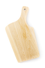 Empty wooden cutting board isolated on white background, top view