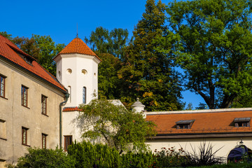 Pieskowa Skala, Poland - Inner courtyard and gardens of historic castle Pieskowa Skala by the...