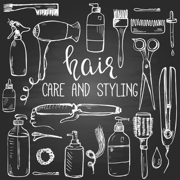 Set of hand drawn hair styling and care products and items on the blackboard