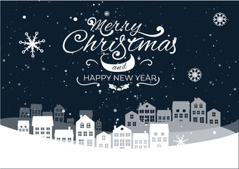 Christmas night landscape with houses. Winter background. For design flyer, banner, poster, invitation