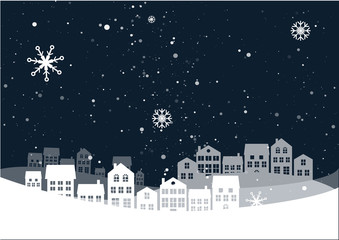 Christmas night landscape with houses. Winter background. For design flyer, banner, poster, invitation