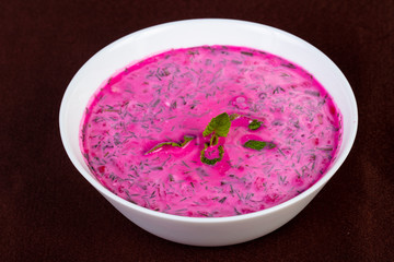 Okroshka soup with beetroot