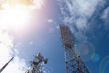 Telecommunication center,low angle view..Group of antenna towers on hill top include of Television...