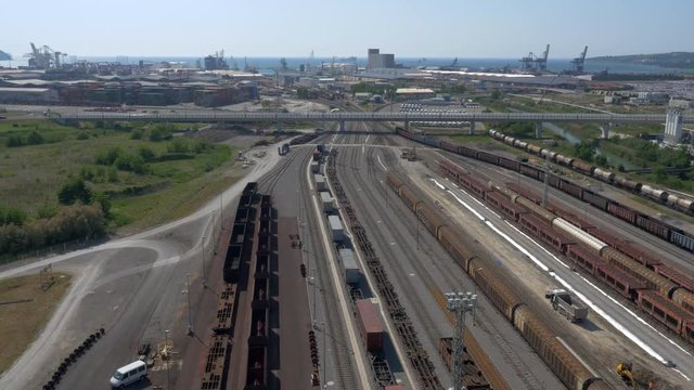 Aerial - Freight-train coming to the port